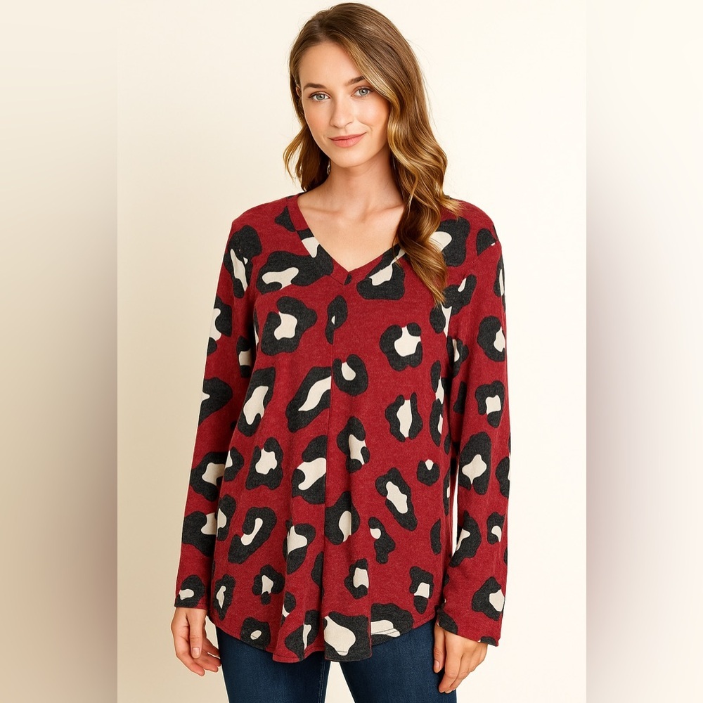 Red  Leopard Print V-Neck Long Sleeve Top‎ size M